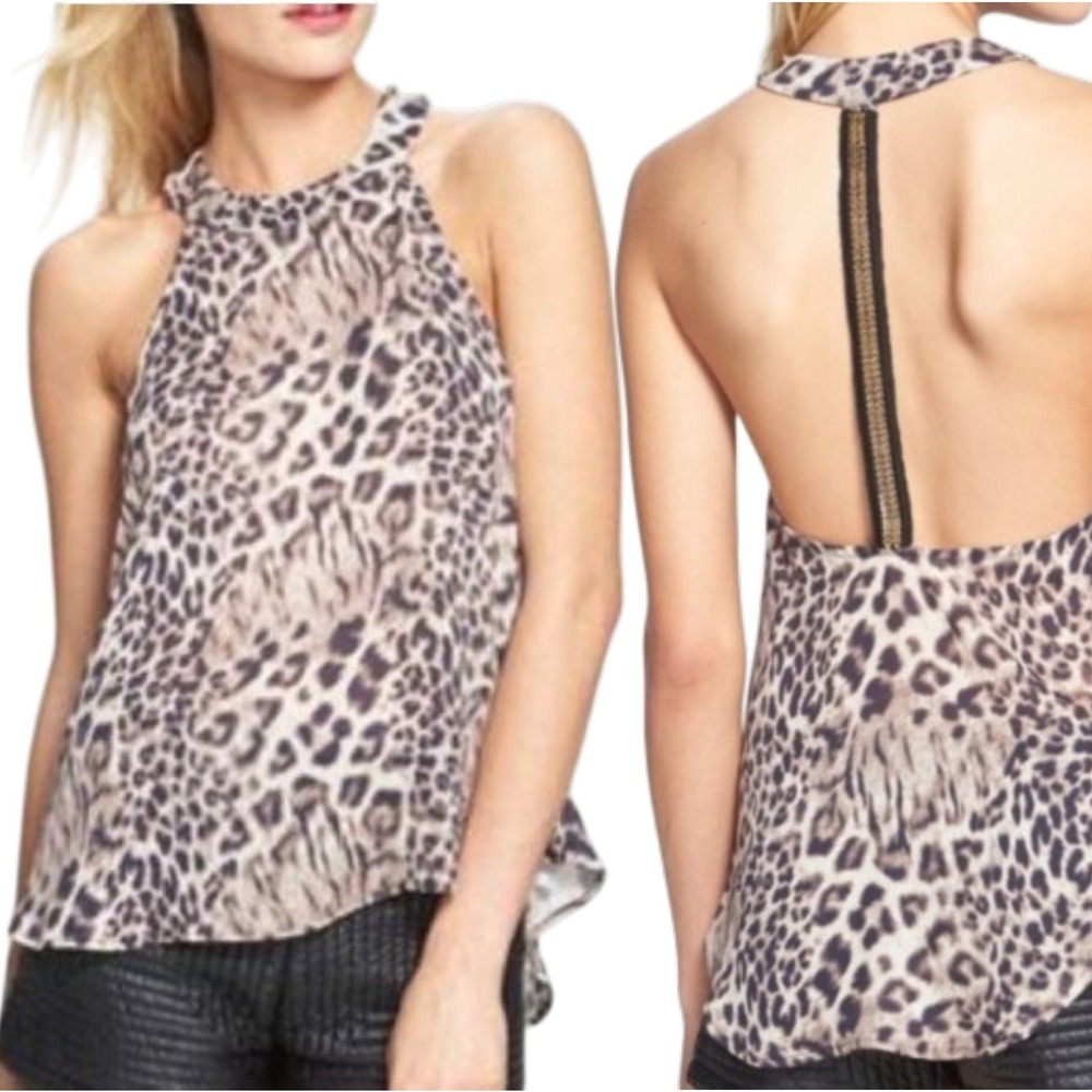 ASTR the Label Leopard Print Halter Top Open Back Zipper Brown Tan